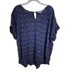 Democracy Navy Blue Floral Blouse Women's 1X-Lightweight, Casual